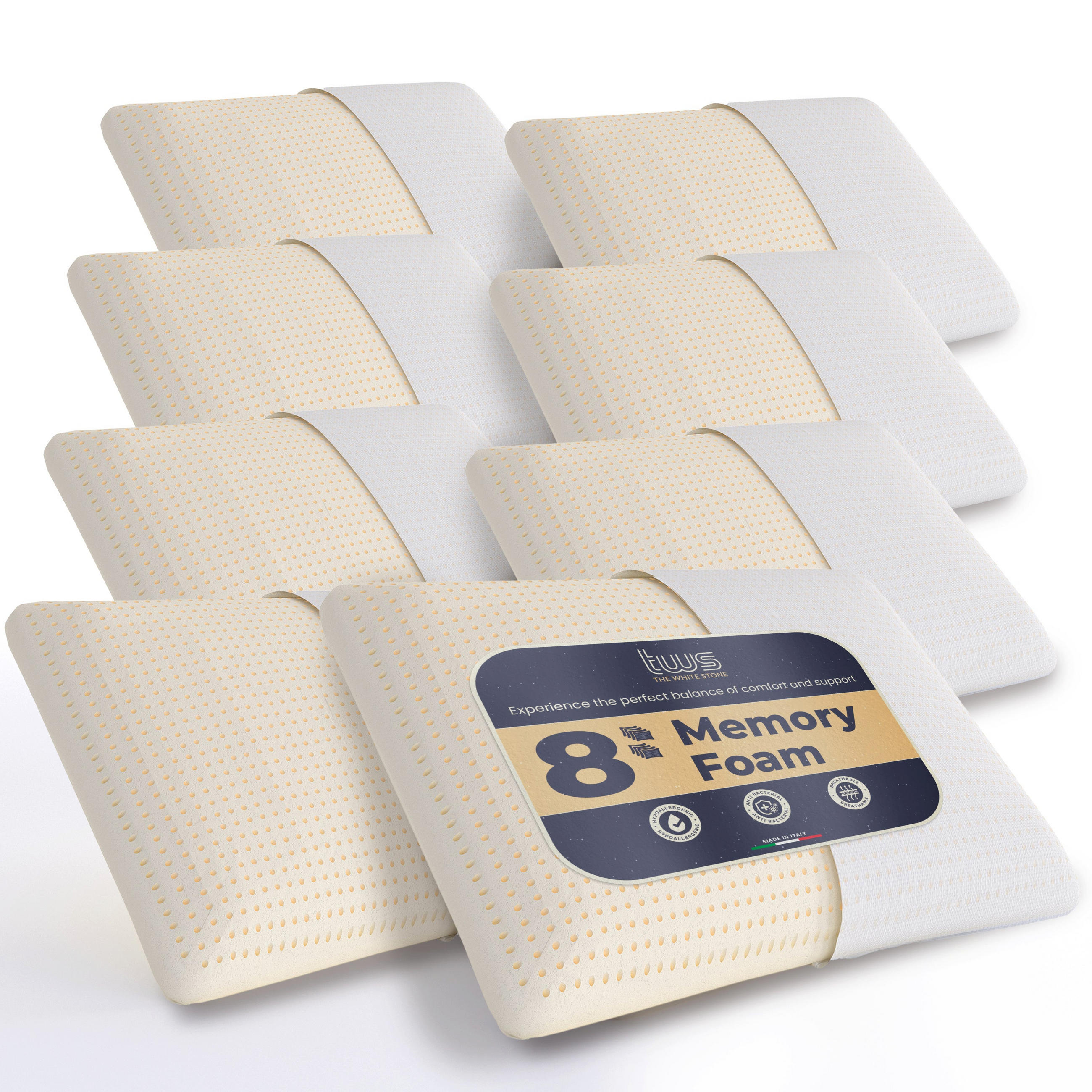 8ER Set Kissen aus Viscoelastischem Schaum 40 x 70 cm | Höhe 11 cm | Halskissen Hypoallergen, Ergonomisch und Atmungsaktiv - Weiß, Textil (40/70cm) - The White Stone