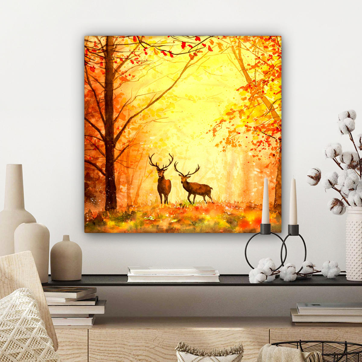LEINWANDBILD Natur - Ölfarbe - Hirsche - Tiere - Herbst - Orange Wandbild Wohnzimmer 50x50 cm - Orange, Textil (50/50cm) - MuchoWow