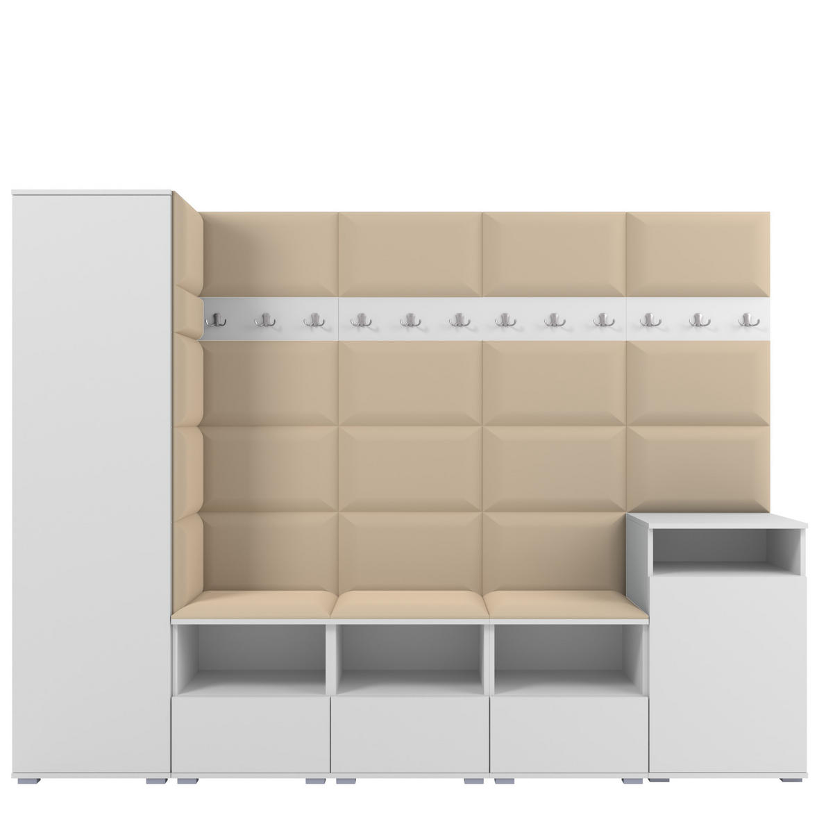 GARDEROBE NELA XI 250 cm (Modulare Flurmöbel Weiß mit Sitzpolster Beige 04 Großes Set) - Beige/Silberfarben, Holz/Holzwerkstoff (250/187/40cm) - Ravio