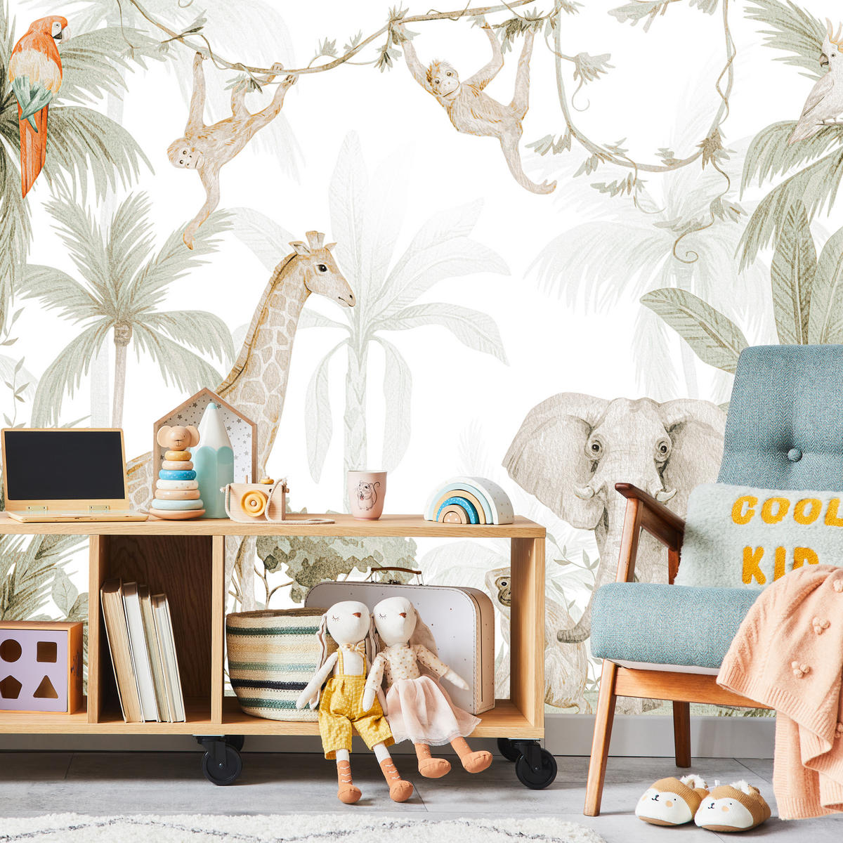 FOTOTAPETE für Kinderzimmer Dschungel Tiere Giraffe Elefant Palmen 500x350 - Ecru/Braun, Papier (500/350cm) - Muralo