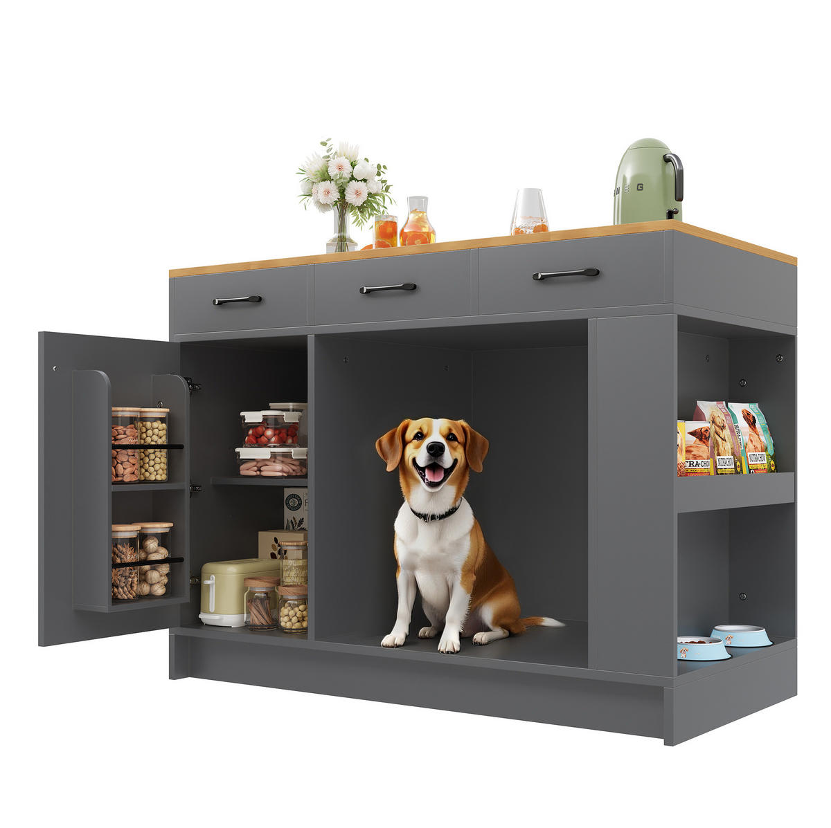 SERVIERWAGEN 120x46x85cm Grau mit Gewürzregal & verstellbaren Regalen - Grau, Holzwerkstoff (120/90/60cm) - Modfu
