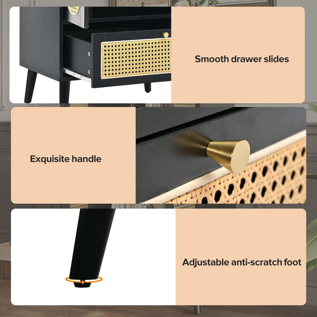 HIGHBOARD Aus Rattan Schwarz 60/40/110,5 cm - Schwarz, Holzwerkstoff/Metall (40/110.5/60cm) - Urban Meuble