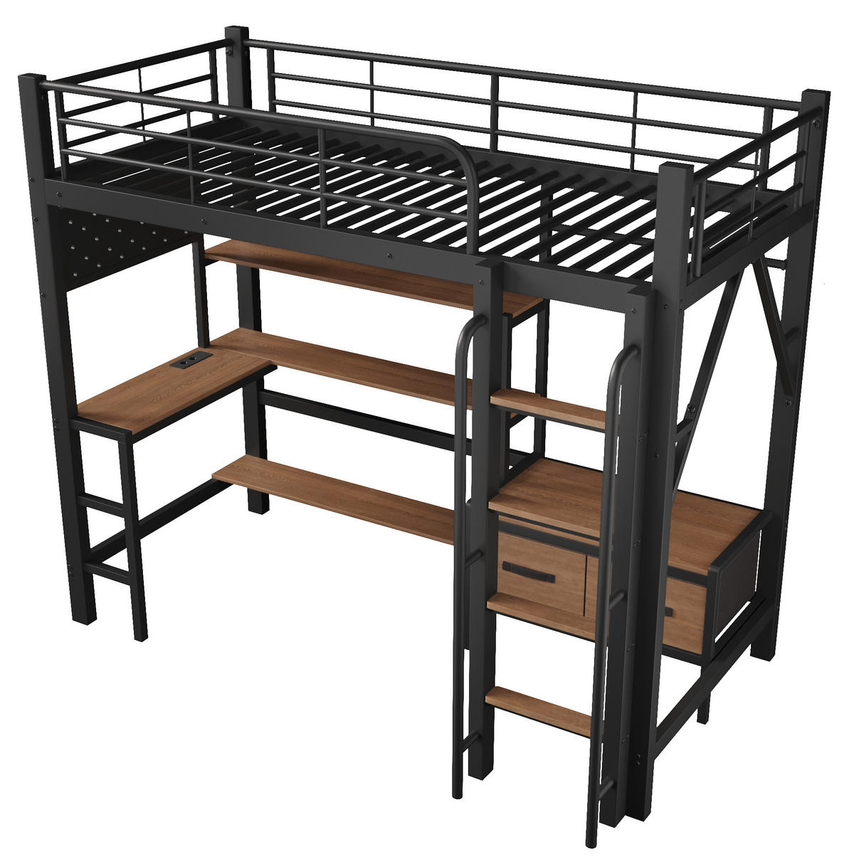 HOCHBETT aus Stahl und MDF 90x200 cm Schwarz mit Schreibtisch, LED-Beleuchtung und Stauraum - Schwarz, Holzwerkstoff (90/200cm) - Modfu