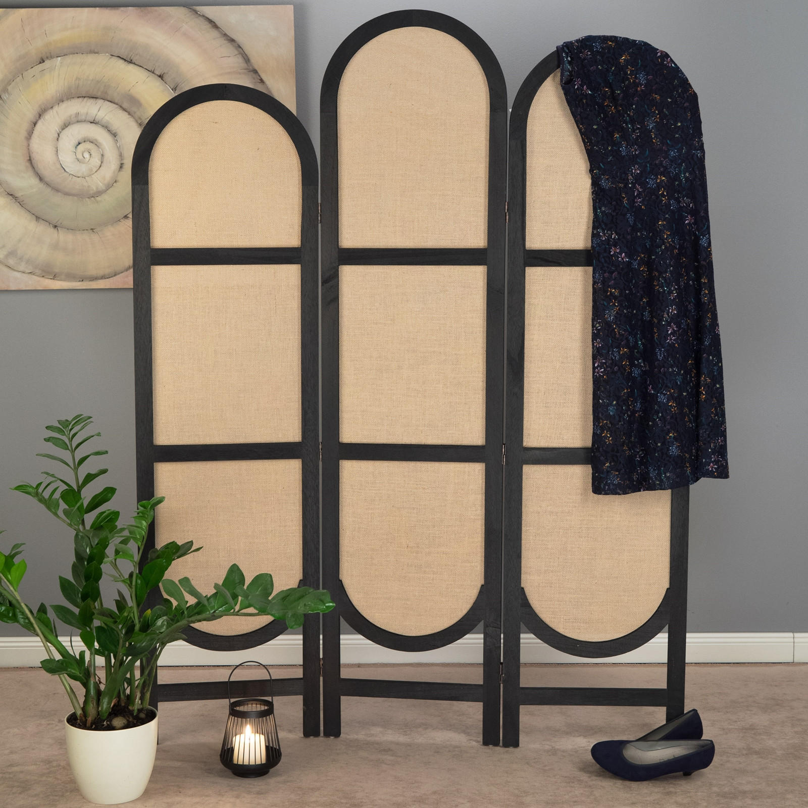 RAUMTEILER Arco 3-tlg. Leinen, Holz schwarz-natur - Schwarz, Holz (120/170/2cm) - CREEDWOOD