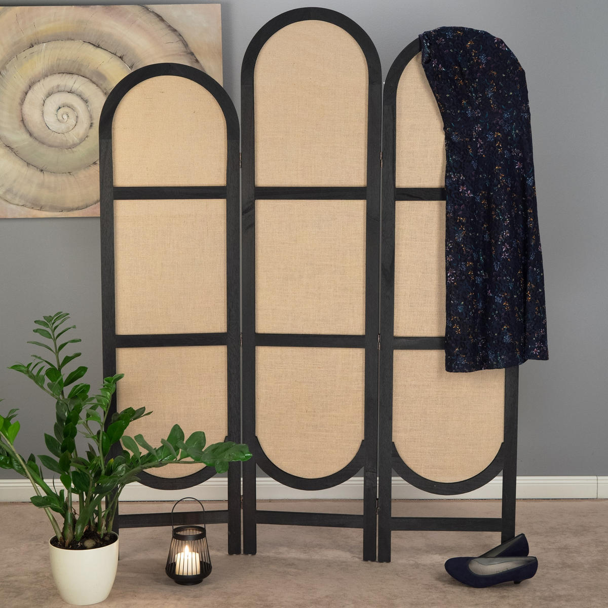 RAUMTEILER Arco 3-tlg. Leinen, Holz schwarz-natur - Schwarz, Holz (120/170/2cm) - CREEDWOOD