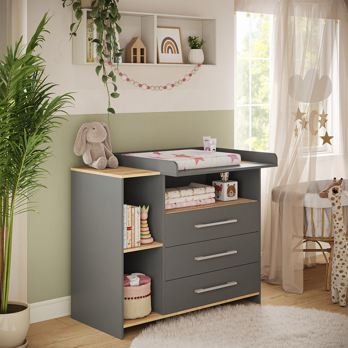 WICKELKOMMODE Oskar Anthrazit/Goldkraft Eiche 113 x 93 cm mit 3 Schubladen - Eichefarben/Anthrazit, Holzwerkstoff (113/93/53.1cm) - Vicco