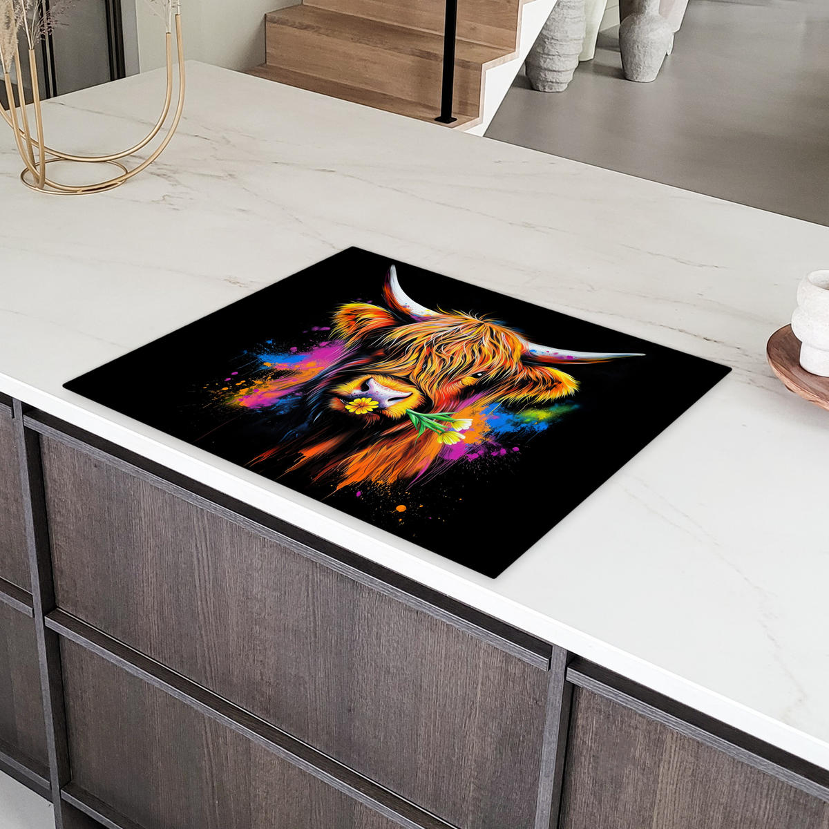 HERDABDECKPLATTE Schottischer Highlander - Graffiti - Bunt - Blume - Tiere Induktionsmatte 77x59 cm - Multicolor, Kunststoff (77/59/0.2cm) - MuchoWow
