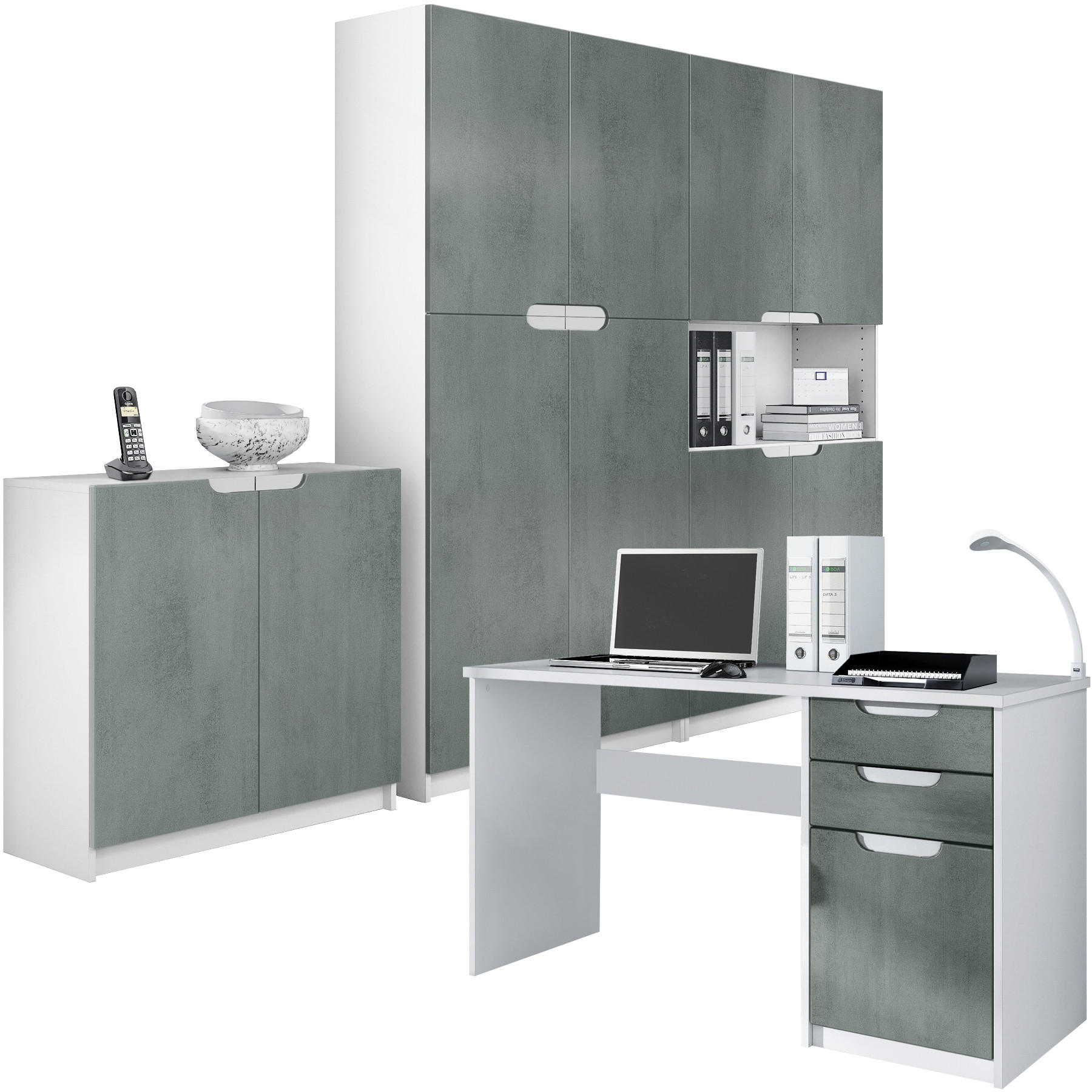 BÜROMÖBELSET Logan Fronten in Beton Dunkel Optik - Dunkelgrau, Holzwerkstoff (246/185/60cm) - Vladon