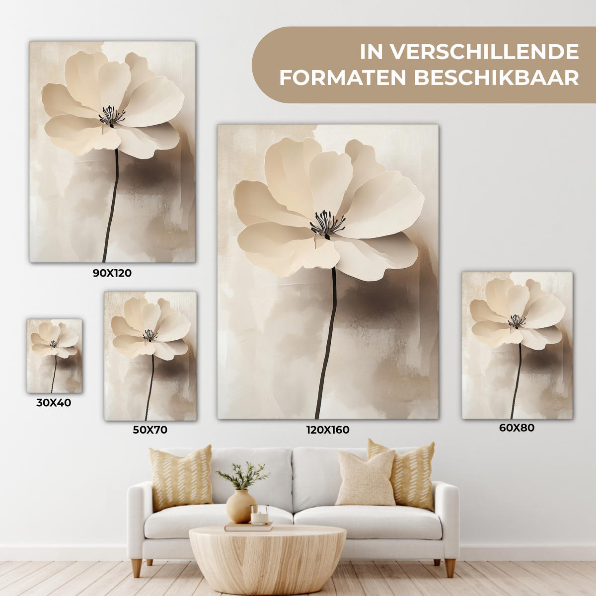 LEINWANDBILD Blume - Beige - Farbe - Schatten 60x80 cm - Creme, Textil (60/80cm) - MuchoWow