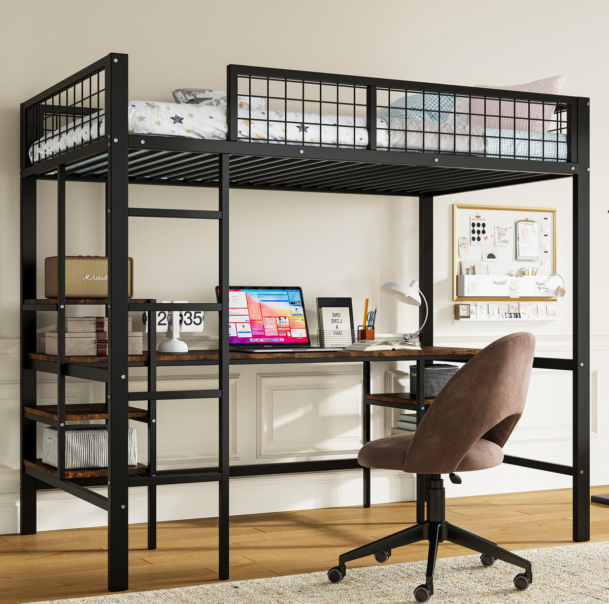 HOCHBETT 90/200 cm aus Metall mit Schreibtisch und Regal - Schwarz, Metall (90/200cm) - BEAOK