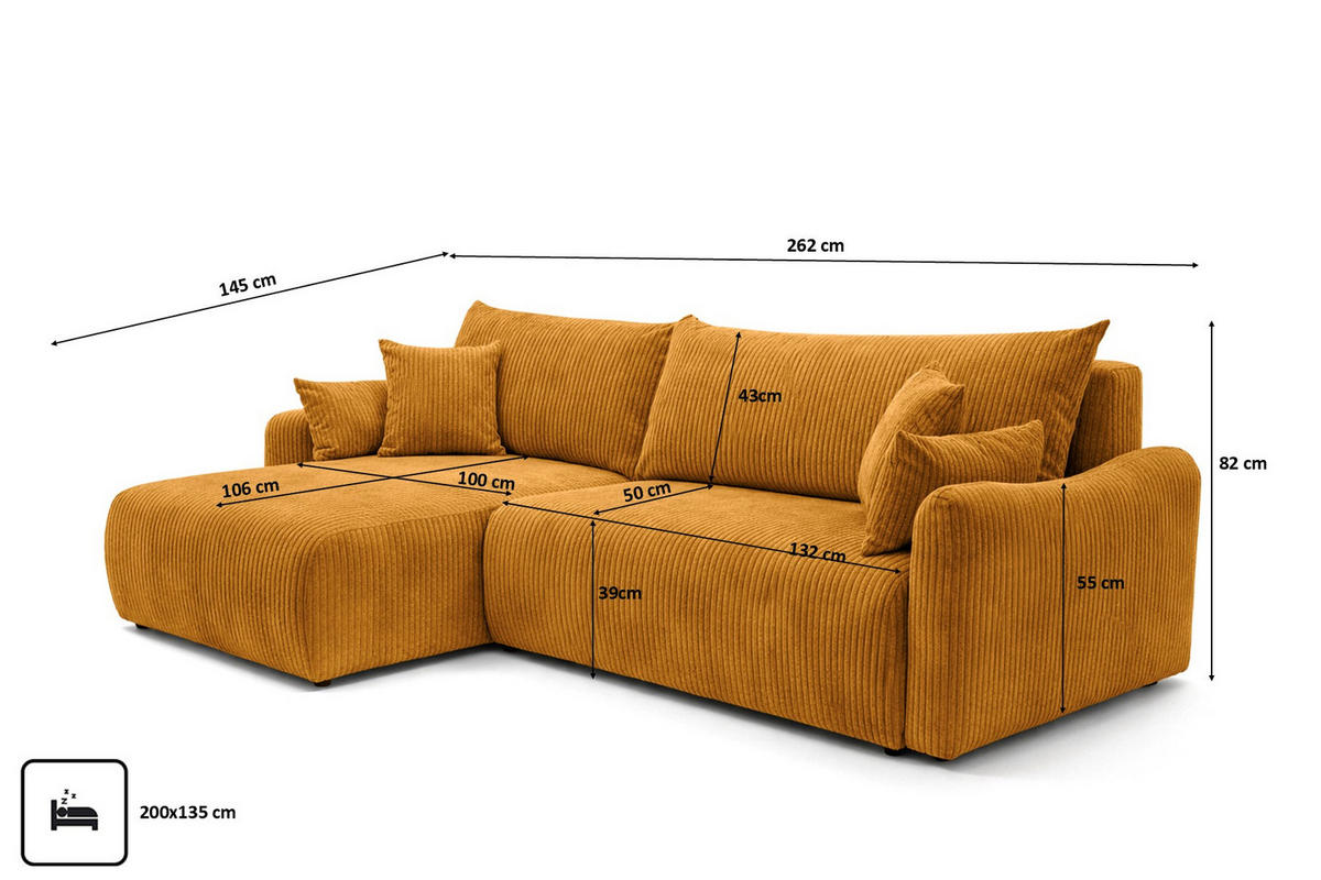 ECKSOFA Mit Schlaffunktion, Cordstoff Poso, Senffarbe, Links, JAPANDI - Gelb, Holz (262/145cm) - Kaiser Möbel