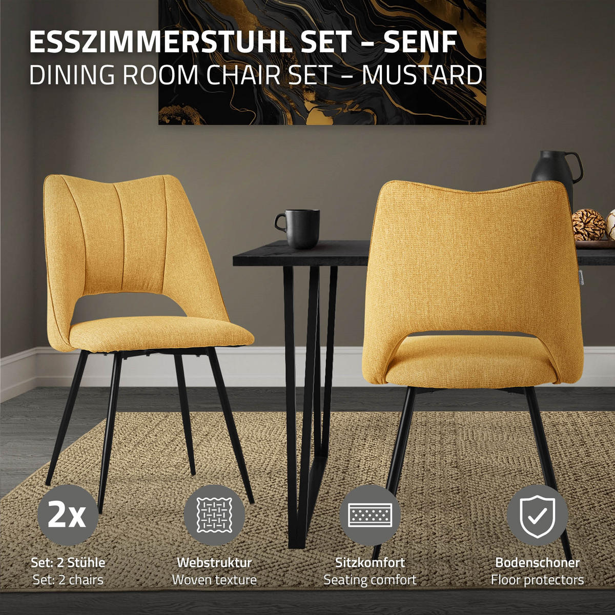 ESSZIMMERSTUHL Senf 2er Set - Gelb/Schwarz, Textil/Metall (57/89/53cm) - ML-DESIGN