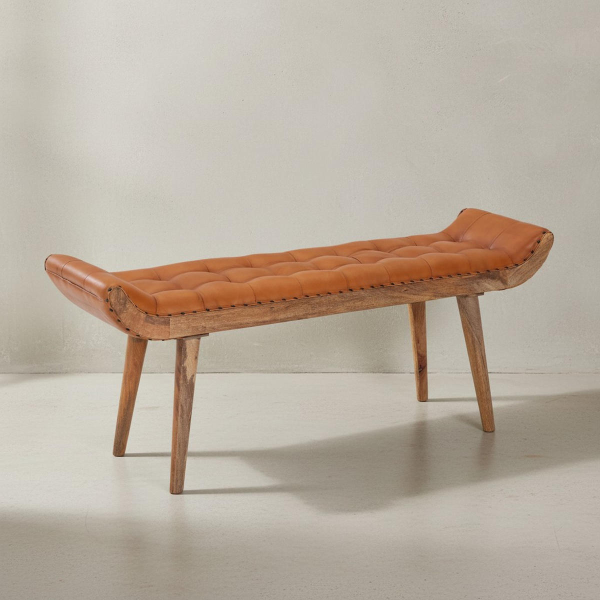 SITZBANK Massivholz Chesterfield Muster, Braun 125x38x50 cm - Braun, Mangoholz/Leder (125/50/38cm) - KADIMA DESIGN