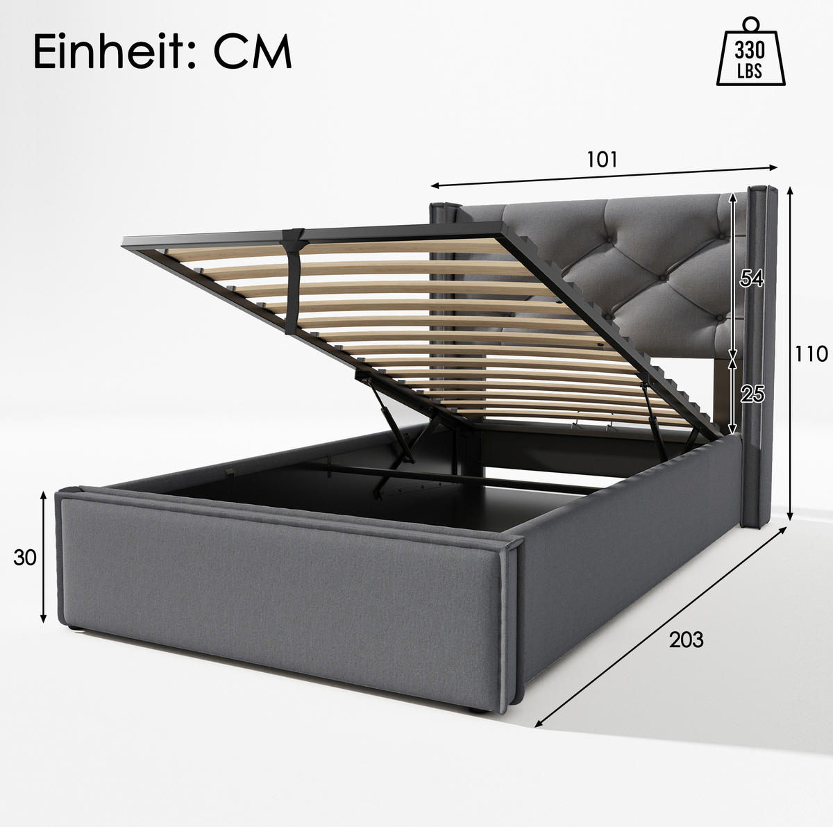 BETT mit Bettkasten 90x200 cm Baumwolle Grau inkl. Matratze - Grau, Metall (90/200cm) - Meubliv