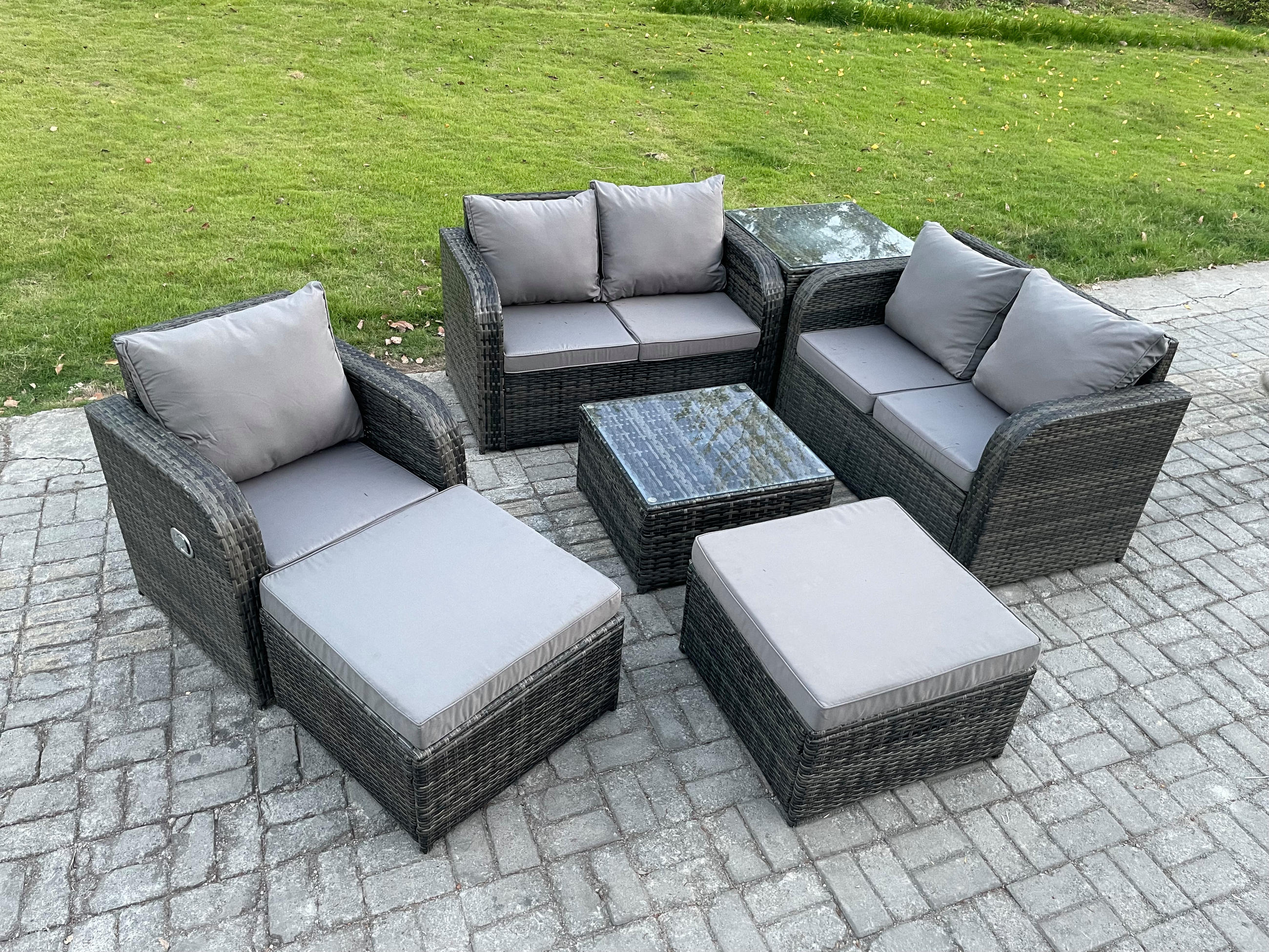 LOUNGEGARNITUR Polyrattan Dunkelgrau 7-Sitzer - Dunkelgrau, Metall - Fimous
