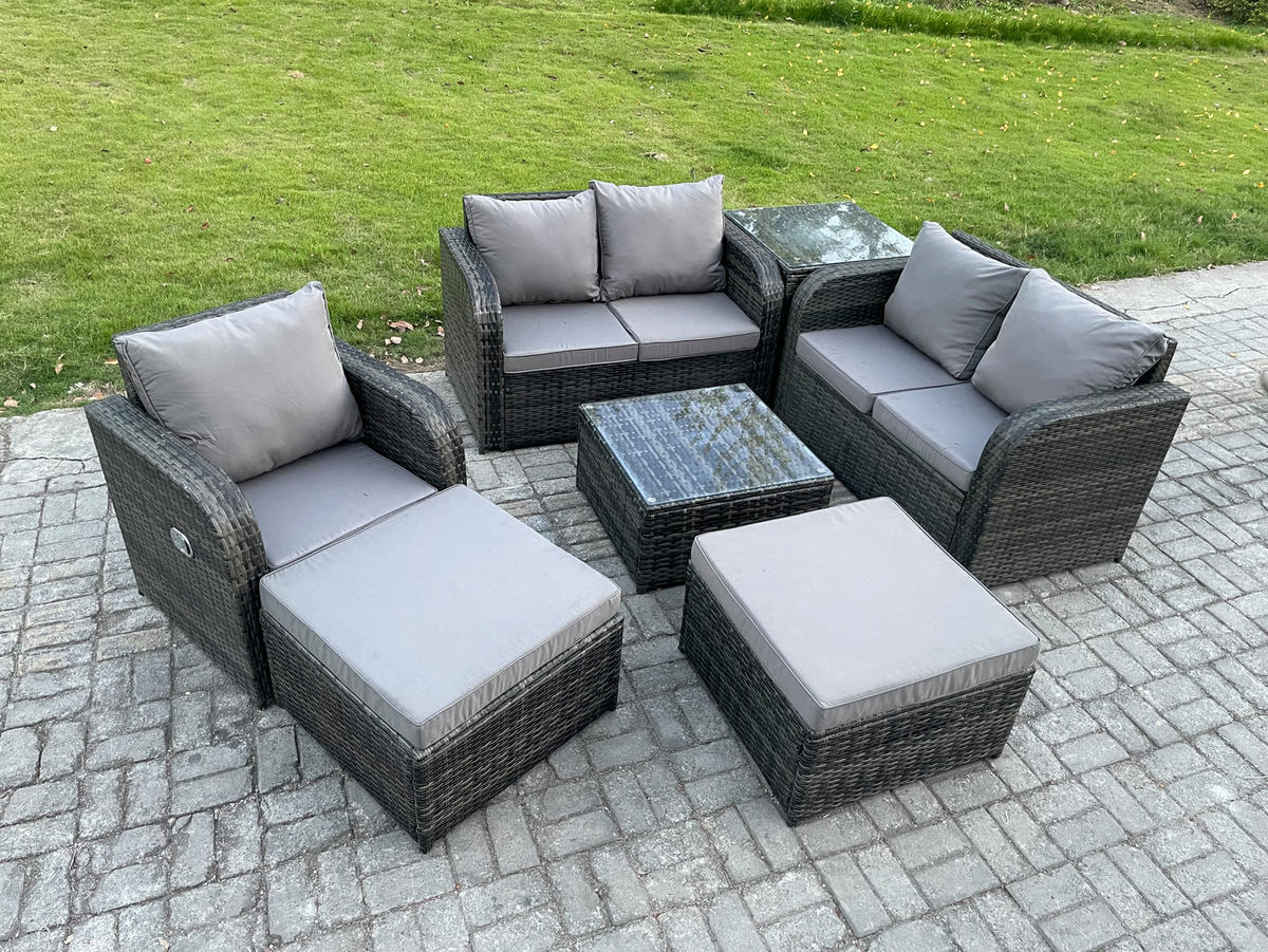 LOUNGEGARNITUR Polyrattan Dunkelgrau 7-Sitzer - Dunkelgrau, Metall - Fimous