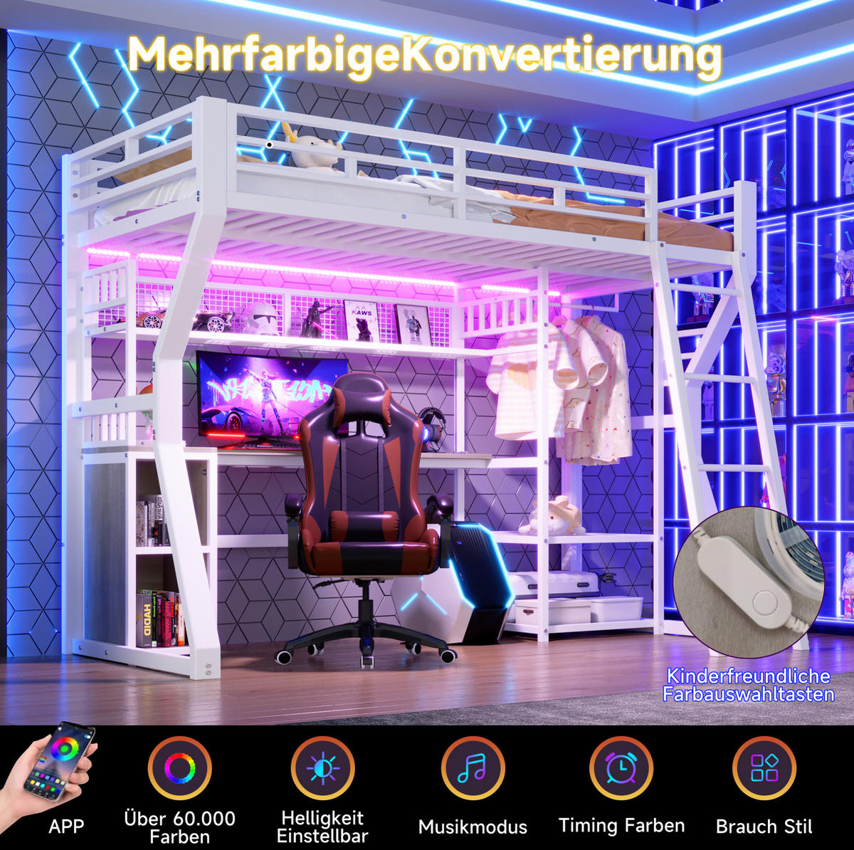 HOCHBETT 90/200 cm aus Metall/MDF mit Schreibtisch und Lichtleiste Weiß - Weiß, Holzwerkstoff (90/200cm) - Modenvie