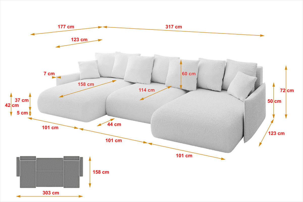 WOHNLANDSCHAFT mit Schlaffunktion und Bettkasten ONESK-U-v1 317x177x72 Weiß Bouclé - Weiß, Holzwerkstoff/Kunststoff (317/72/177cm) - ALTDECOR