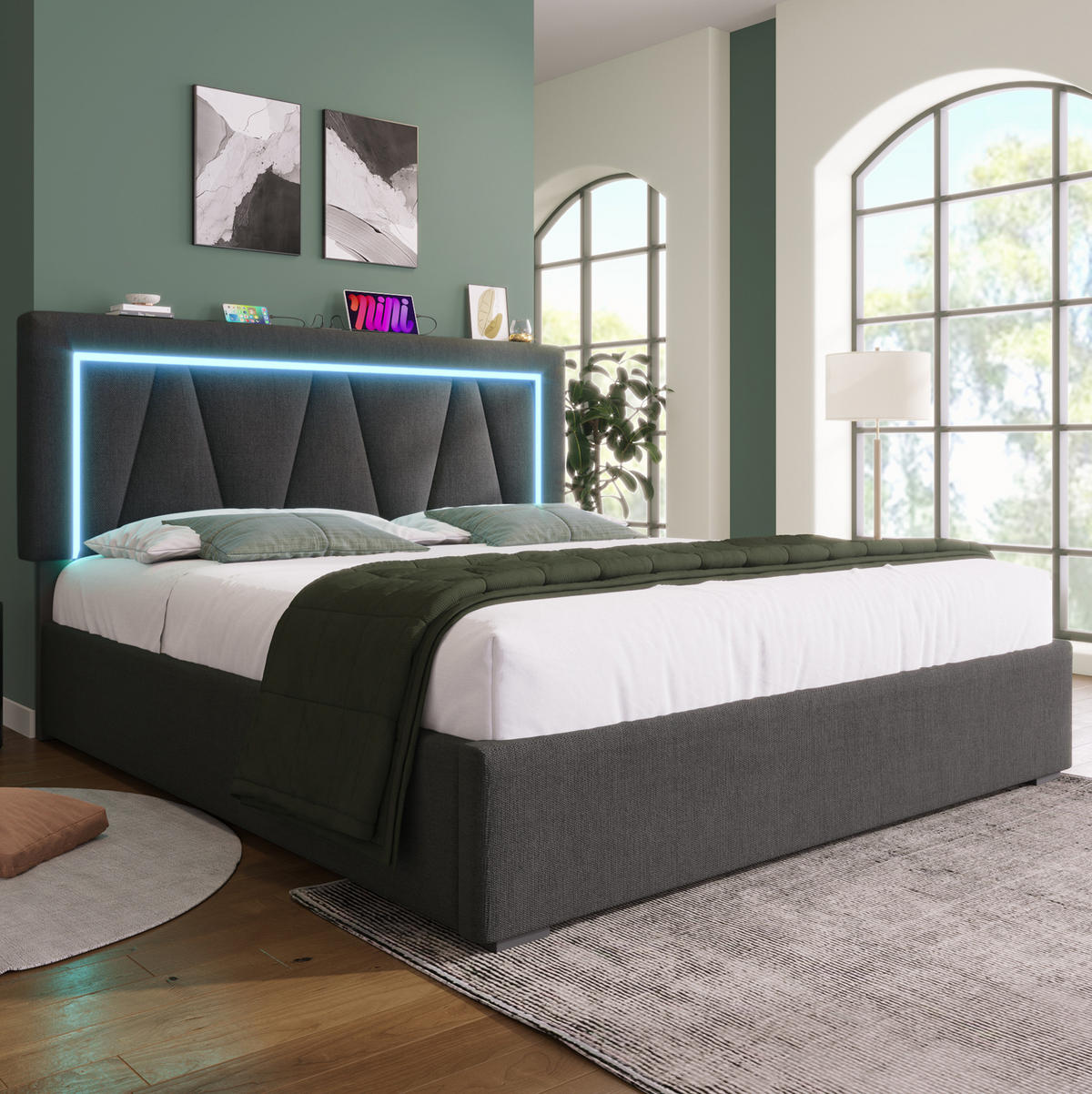 POLSTERBETT mit Stauraum USB und LED 140x200 cm Leinen Grau - Grau, Metall (140/200cm) - Meubliv