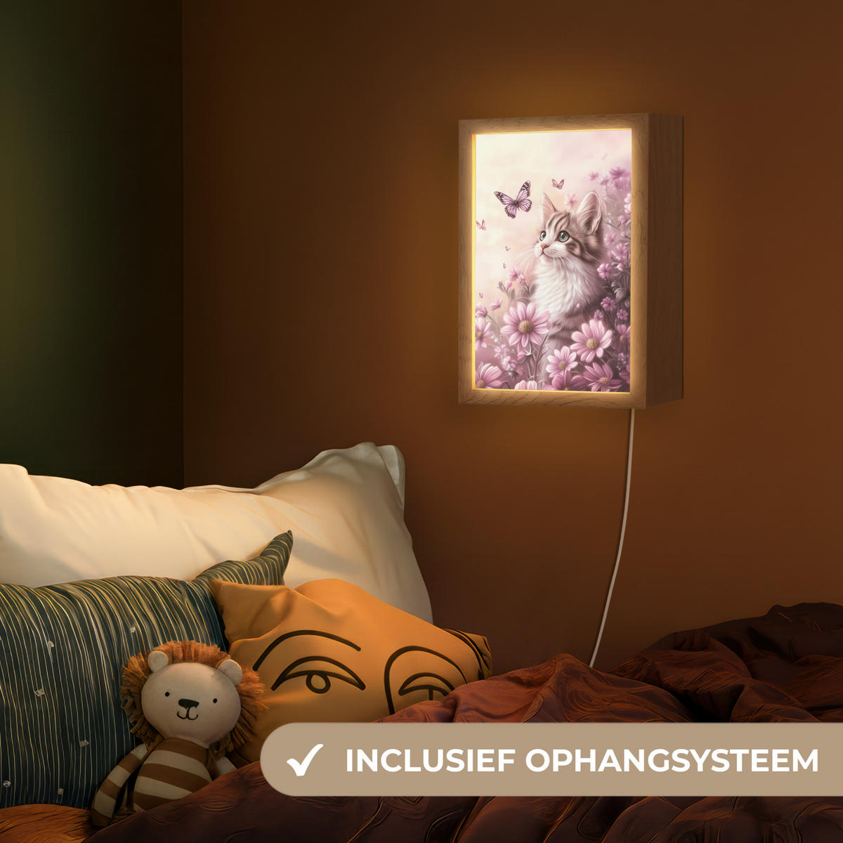 NOČNÁ LAMPA Mačiatko - Kvety - Motýle - Fialová 20x30 cm - staroružová, kompozitné drevo (8/20/30cm) - OnlyWow