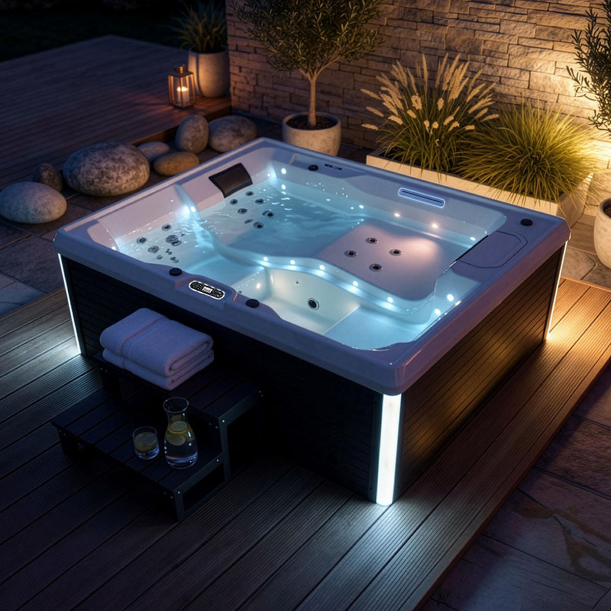 OUTDOOR WHIRLPOOL STREAM - 211 x 156 cm, Mit Treppe und Thermoabdeckung - Anthrazit, Kunststoff (156.5/74.05/211cm) - Home Deluxe