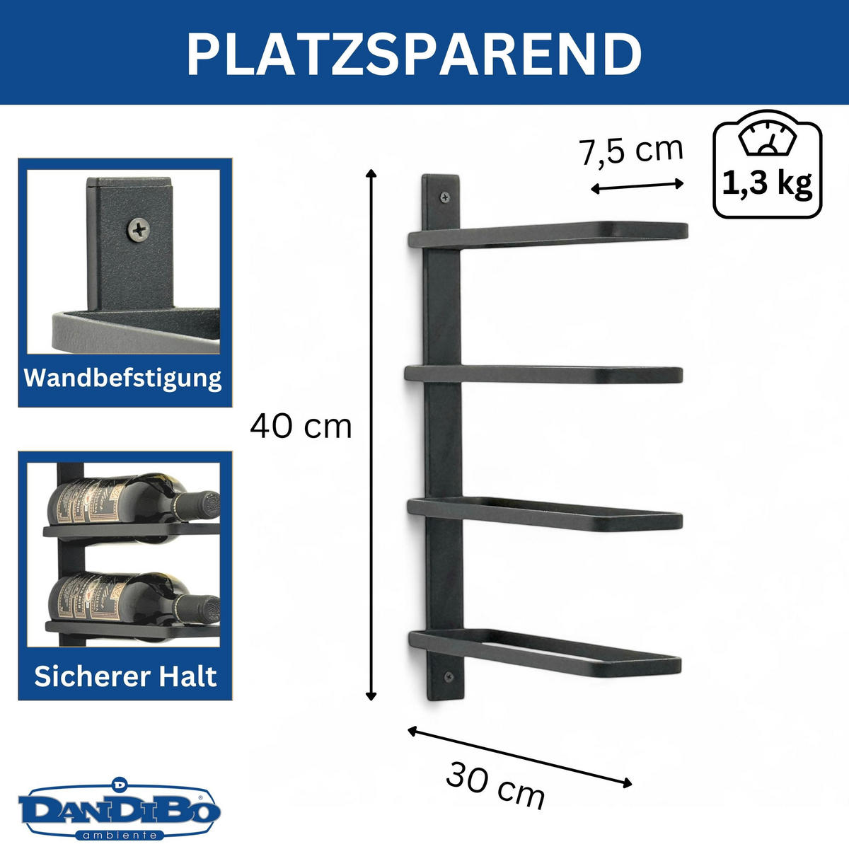 WEINREGAL Wand für 4 Flaschen Schwarz Metall 96638 - Schwarz, Metall (7.5/40/30cm) - DanDiBo