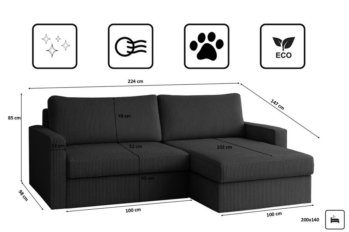 ECKSOFA Mit Schlaffunktion Und Bettzeugablage LUBEKA Stoff Poso Graphit Rechts - Anthrazit, Holz/Textil (224/147cm) - Kaiser Möbel