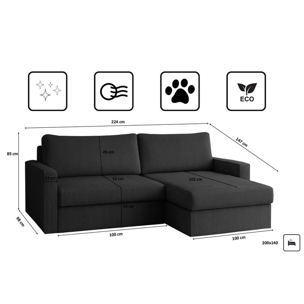 Thumbnail - Kaiser Möbel Ecksofa, Anthrazit, Textil, 3-Sitzer, Füllung: Komfortschaum, L-Form, 224x147 cm, Wohnzimmer, Sofas & Couch...