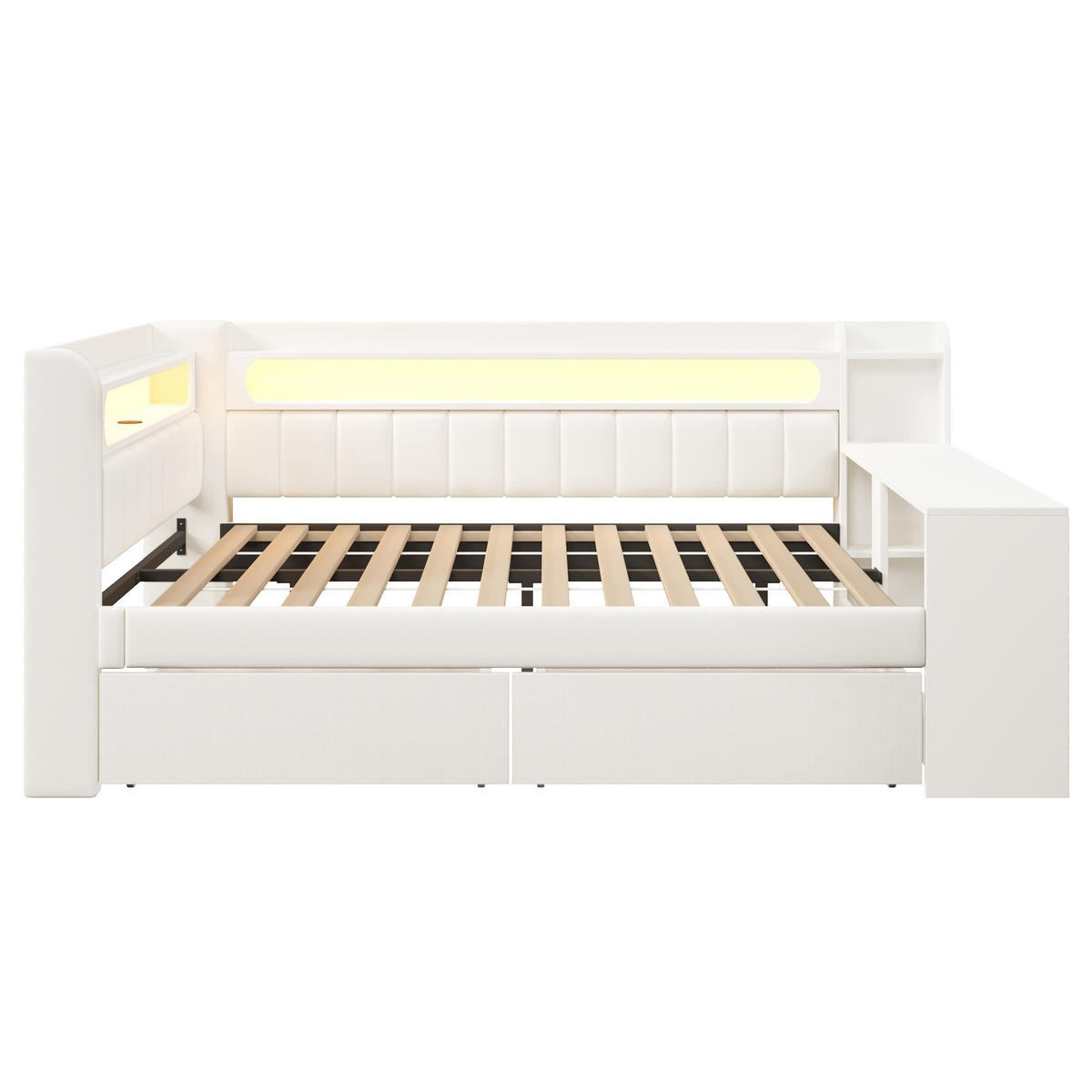 POLSTERBETT 140/200 cm weiß aus MDF mit LED und USB mit Schreibtisch - Weiß, Holzwerkstoff (140/200cm) - OKWISH