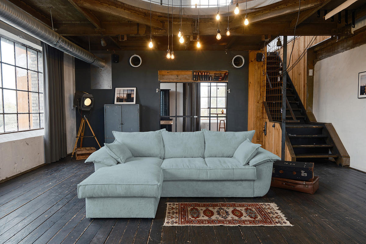 ECKSOFA DAMETO Hellblau Cord - Schwarz/Hellblau, Kunststoff/Textil (266/174cm) - KAWOLA