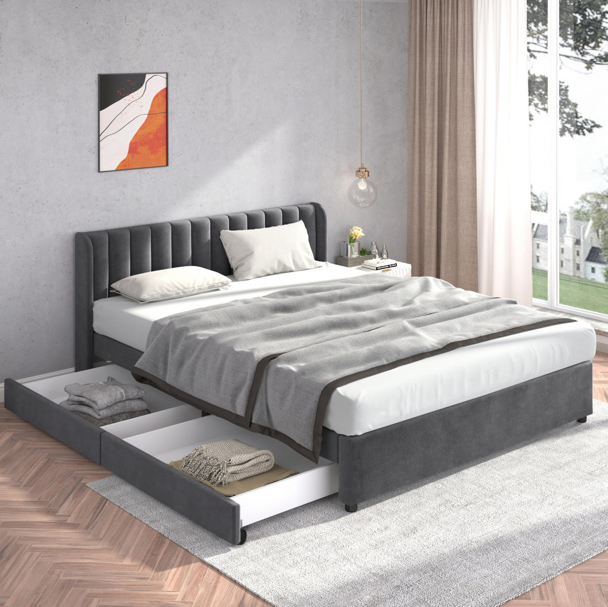 POLSTERBETT mit 2 Schubladen 180x200 cm Samt Grau - Grau, Holz (180/200cm) - Meubliv