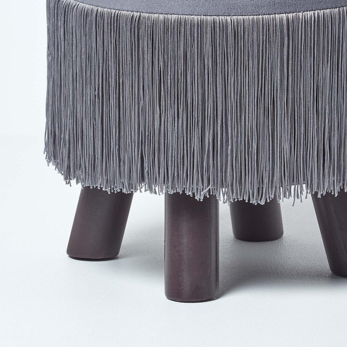 SAMT-HOCKER Warwick grau, Dreibein mit Fransen 32/32/35 cm - Grau, Textil (32/35/32cm) - Homescapes