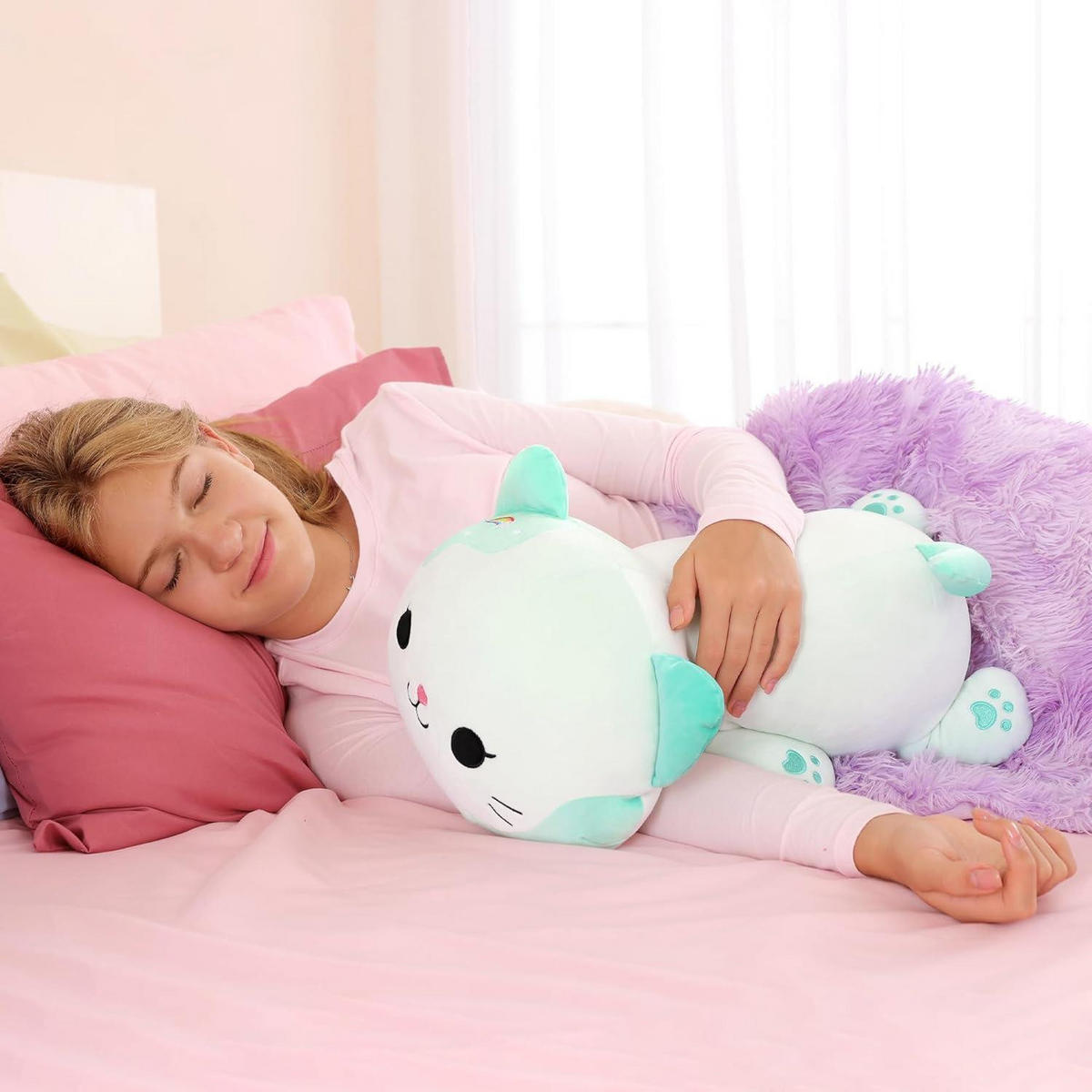 PLÜSCHTIER Katze, Kawaii Kätzchen Plüsch Kissen in türkis - Türkis, Textil (28/50cm)