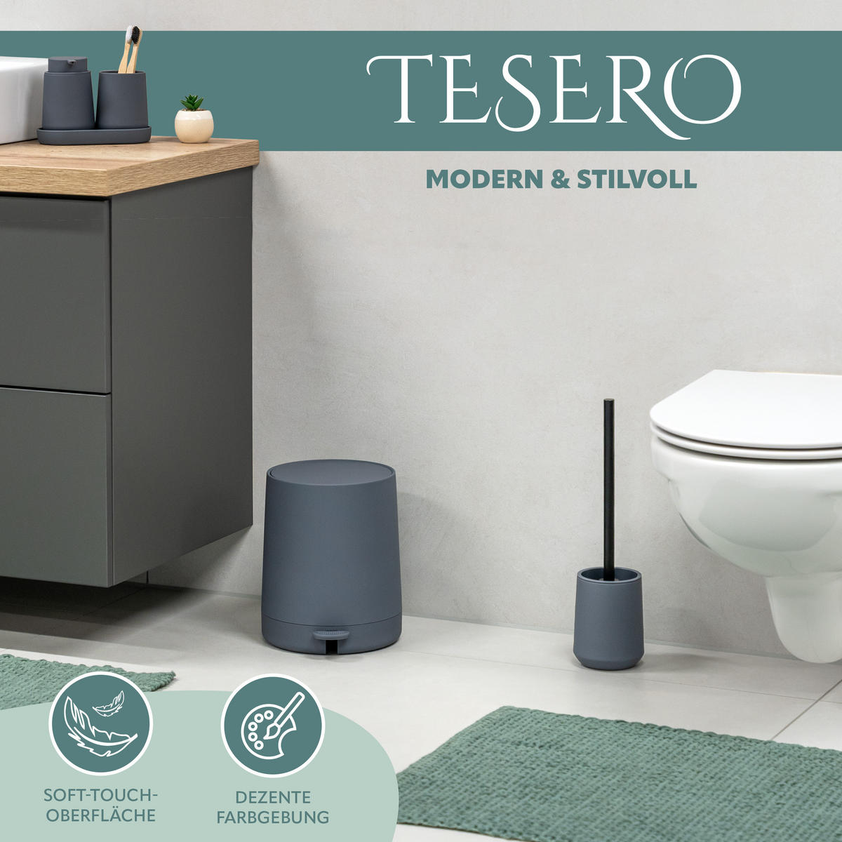 WC-GARNITUR TESERO, Kunststoff, grau - Grau, Kunststoff (10.5/39.5/10.5cm) - eluno