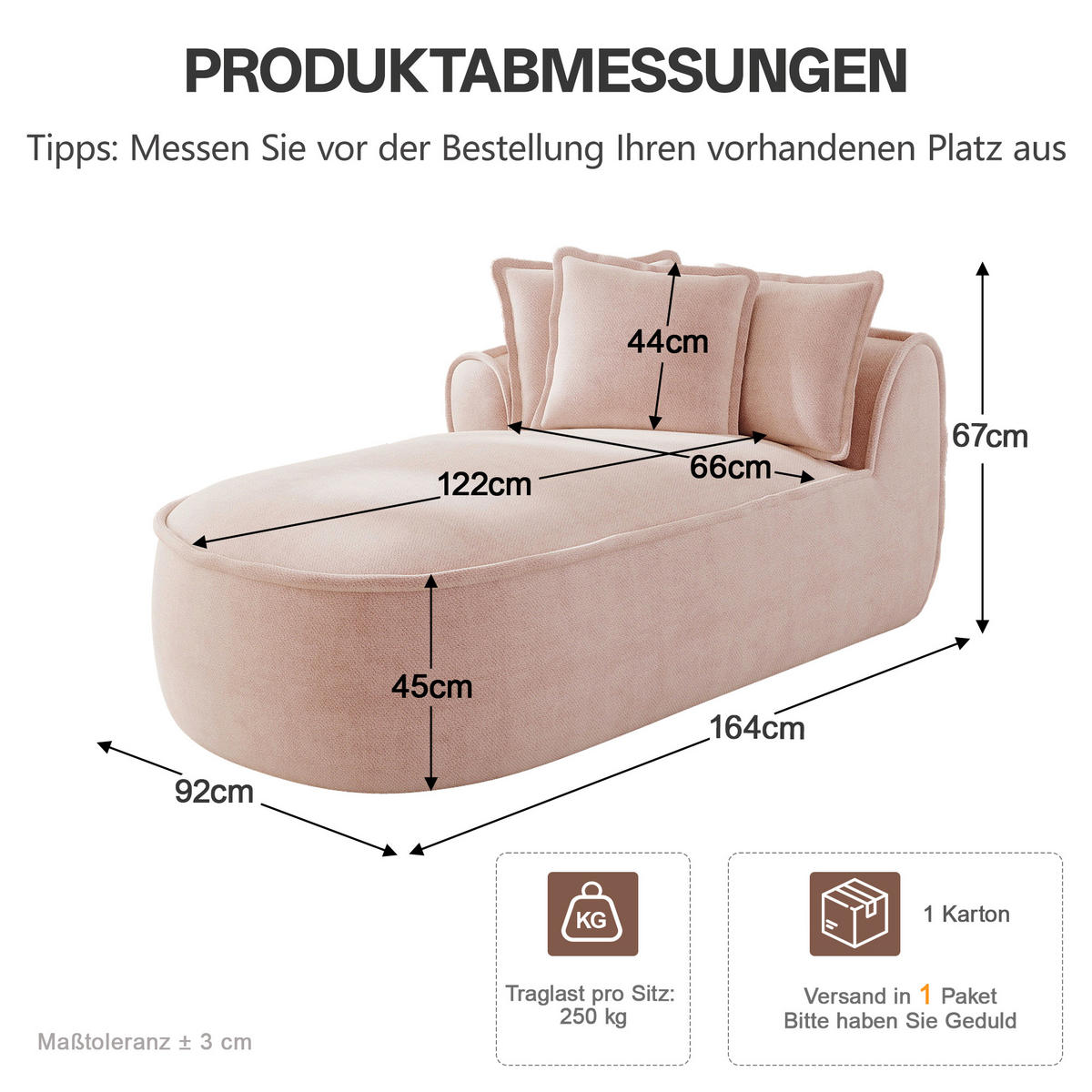 RÉCAMIERE linke Chaiselongue mit Kissen, DE-42643, Pink - Pink, Textil (164/67/92cm) - ComfortXL