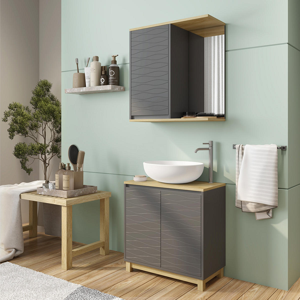 BADMÖBEL-SET Livia Anthrazit/Eiche 2 Teile - Eichefarben/Anthrazit, Holzwerkstoff (60/60/30cm) - Vicco