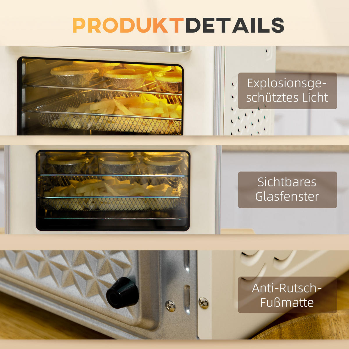 MINIBACKOFEN 20L 1400W mit Umluft, 7-in-1 Pizzaofen mit Backblech, Frittierkorb & Krümelblech, 60 Min. Timer, Cremeweiß - Beige, Metall (36/34.5/37.7cm) - Beaface