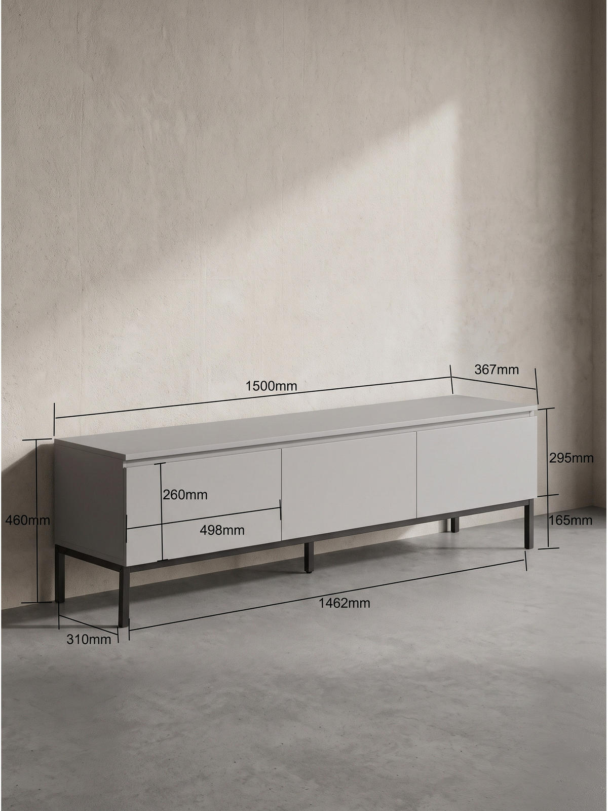 LOWBOARD GAETA, MDF, Hellgrau, 150 x 37 x 46 cm - Schwarz/Grau, Holzwerkstoff/Metall (150/46/37cm) - KADIMA DESIGN
