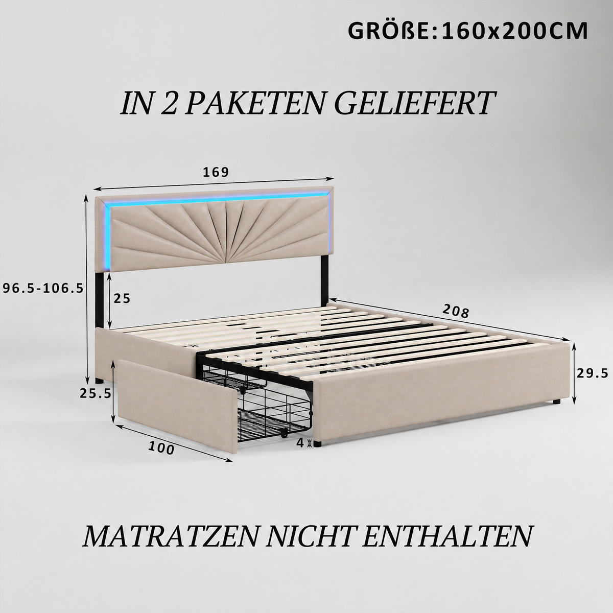 POLSTERBETT 160x200 cm mit Stauraum, Doppelbett 160 x 200 mit LED-Beleuchtung, 4 Schubladen, Lattenrost, beige Leinenstoff - Beige, Holz/Holzwerkstoff (160/200cm) - GENKI LIVING