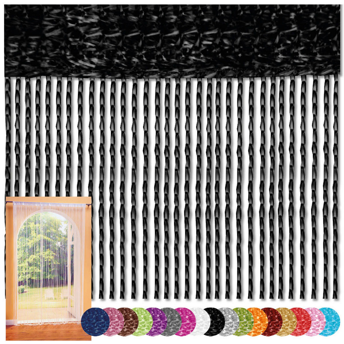FADENVORHANG 90 cm x 240 cm Fadengardine (Schwarz) Ideal als Insektenschutz oder Raumteiler - Schwarz, Textil (90/240cm) - Bestlivings