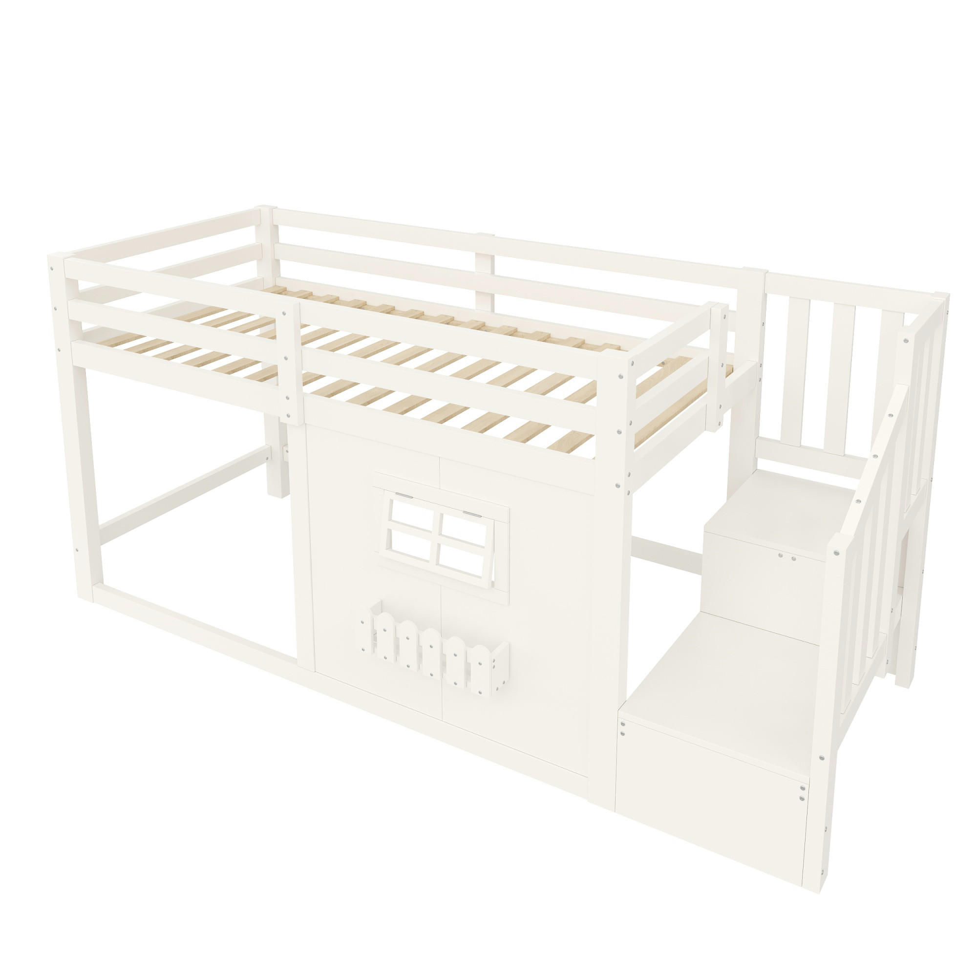 HOCHBETT 90/200 cm mit LED und Stauraumtreppe, DE-42010, in Weiß - Weiß, Holzwerkstoff (90/200cm) - ComfortXL