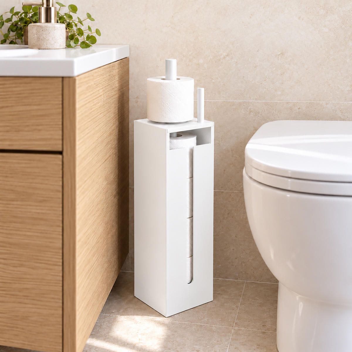 TOILETTENPAPIERHALTER Weiß MDF für 4 Rollen - Weiß, Holzwerkstoff (14/44/14cm) - Relaxdays