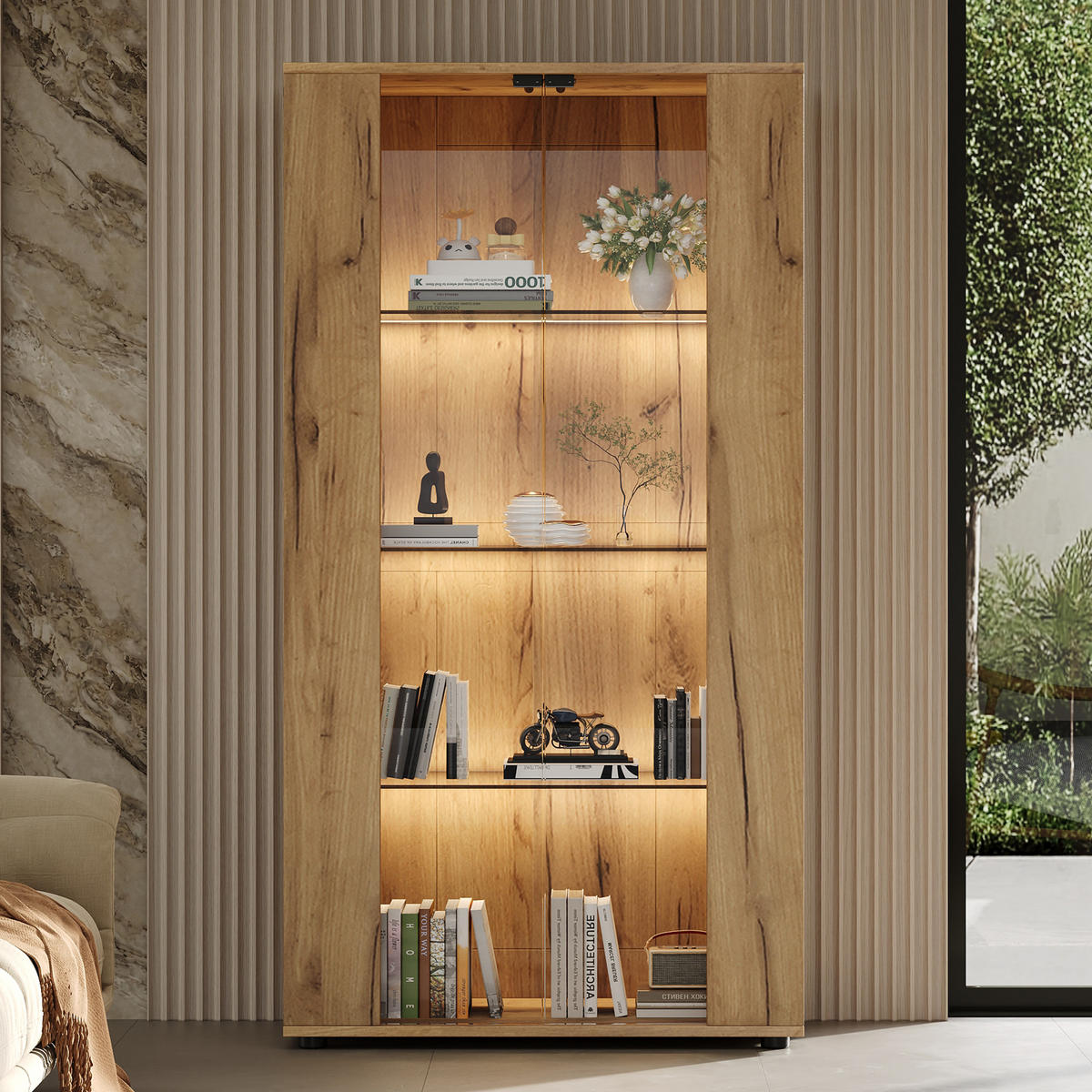VITRINE 80x36x150,5 cm Natur mit LED und 2 Türen - Naturfarben, Holzwerkstoff (80/150.5/36cm) - FLIEKS