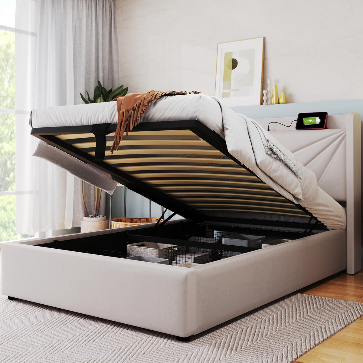 POLSTERBETT 90/200 cm in Beige mit Bettkasten, USB und Type-C Stoff mit geometrischem Kopfteil - Beige, Holzwerkstoff/Textil (90/200cm) - STILVORA