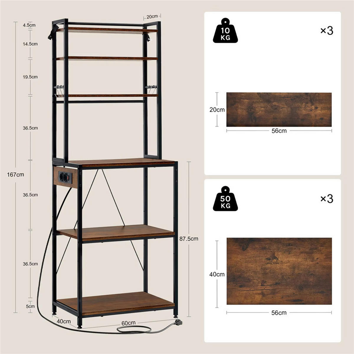 KÜCHENREGAL Steckdose 60x167x40 cm Braun Standregal - Braun, Metall (60/167/40cm) - Kaket