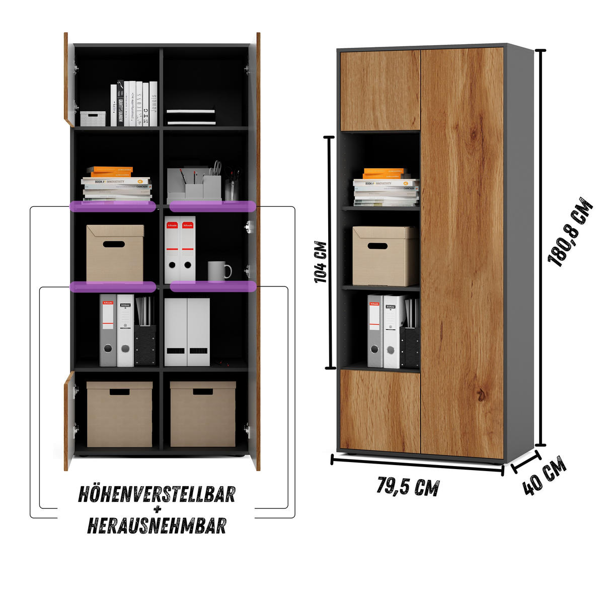 AKTENSCHRANK Amira T30 Eiche Wotan 180/80/40 cm - Eiche Wotan, Holzwerkstoff (80/180/40cm) - SIMPLYFURN