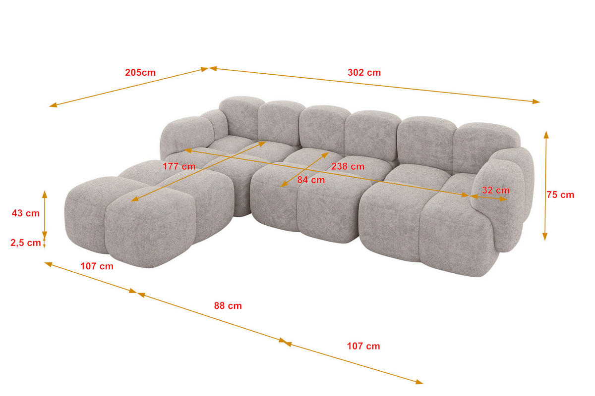 ECKSOFA modulares Sofa Links Miko-L2 302x205x75 Hellgrau Velours - Hellgrau/Schwarz, Holzwerkstoff/Kunststoff (302/205cm) - ALTDECOR