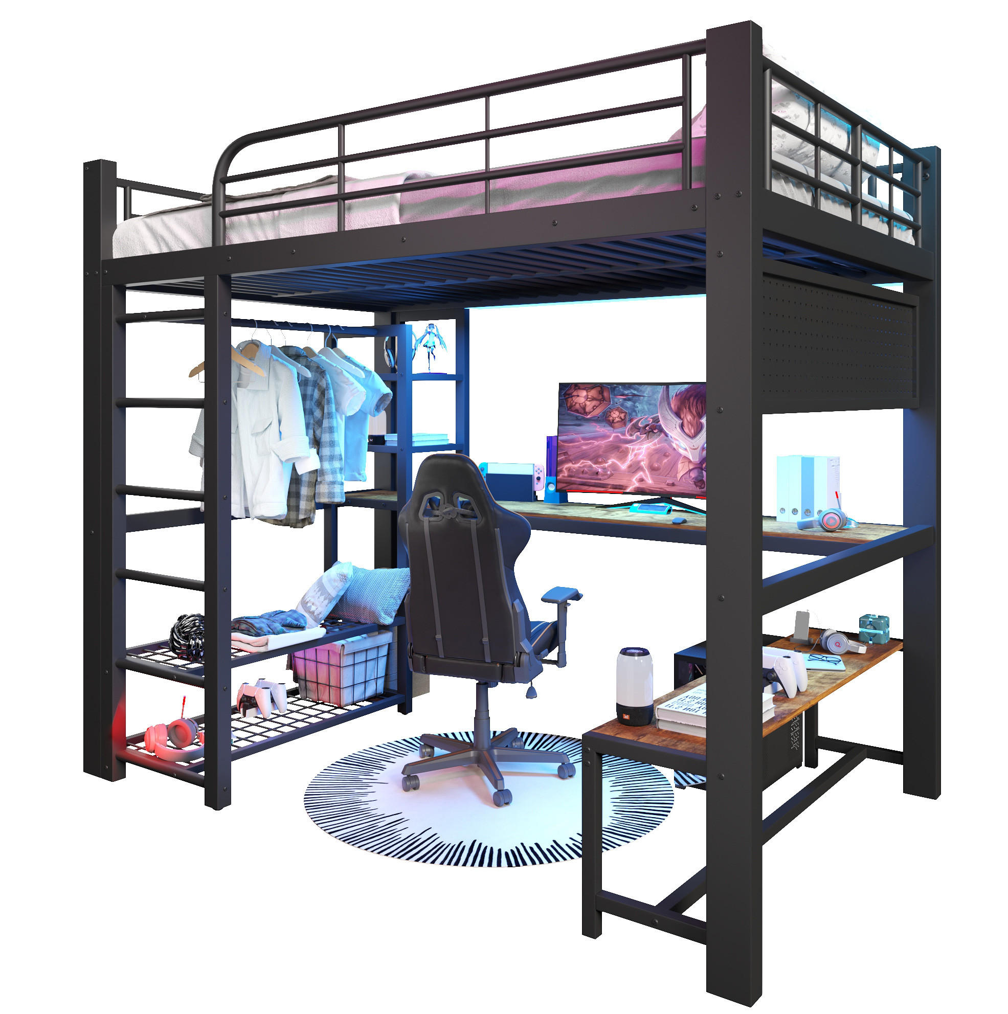 HOCHBETT 140/200 cm aus Metall mit LED-Beleuchtung, Schreibtisch und Stauraum - Schwarz, Metall (140/200cm) - Flora Grace