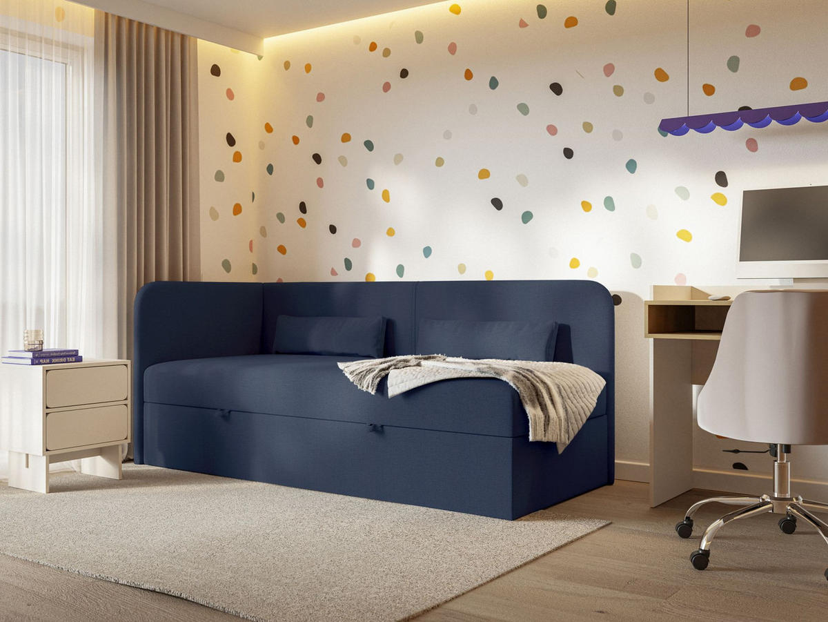 JUGENDBETT Calmmo Dunkelblau mit Chenille-Bezug, Kopfteil links - Dunkelblau, Textil (90/200cm) - Selsey