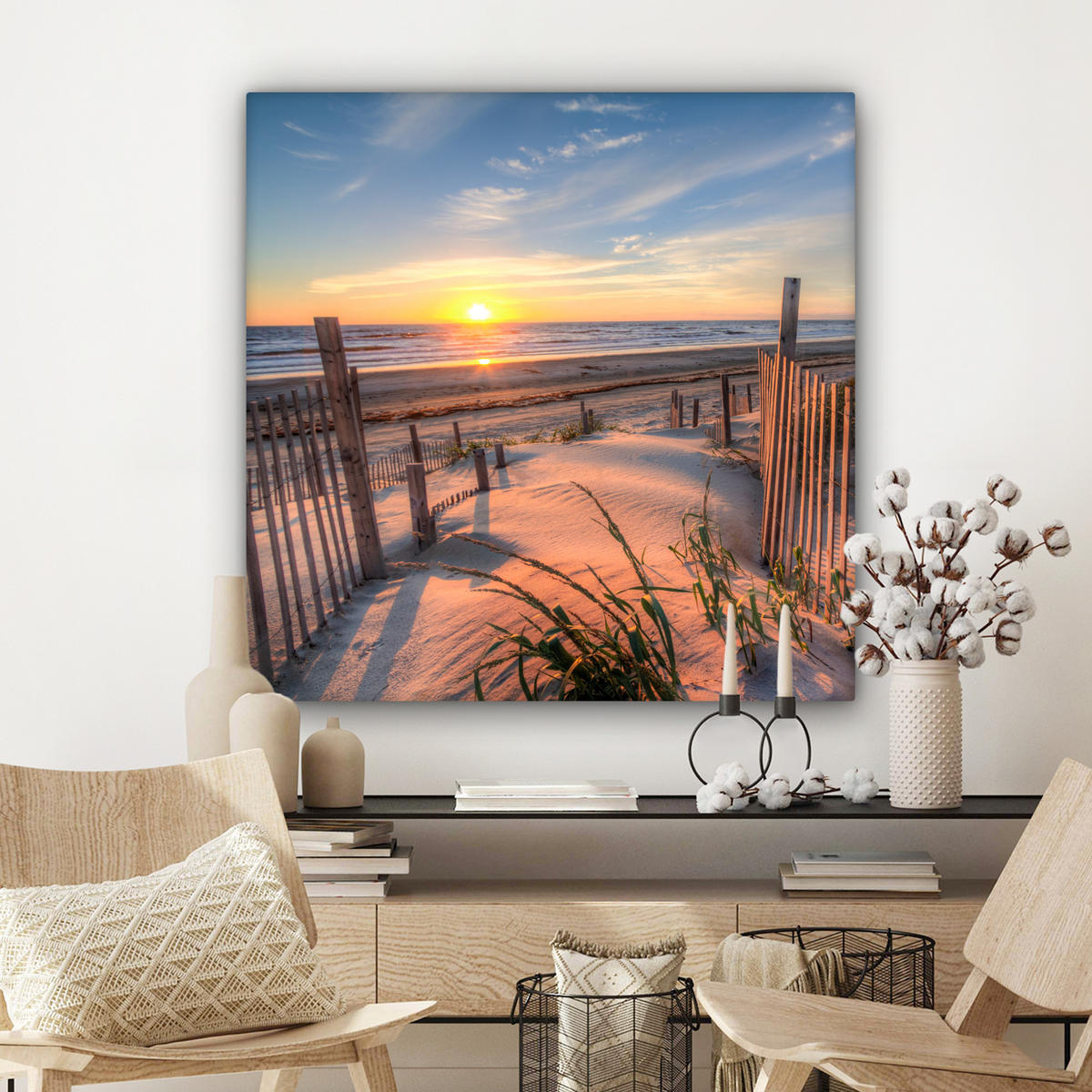 LEINWANDBILD Strand - Meer - Düne - Sonnenuntergang - Landschaft Deko Groß 90x90 cm - Beige, Textil (90/90cm) - MuchoWow
